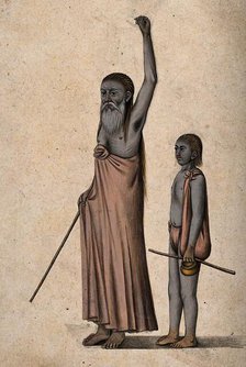 An old Hindu ascetic or holy man: standing, with left arm raised above his head..., 1880. Creator: Unknown.