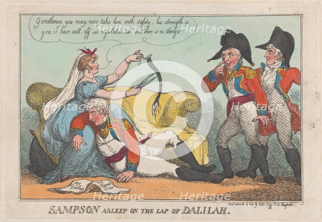 Sampson Asleep on the Lap of Dalilah, March 19, 1809., March 19, 1809. Creator: Thomas Rowlandson.