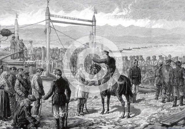 Russian convicts under military escort waiting to be ferried across the river Yenisei, Siberia, 1882 Artist: Unknown