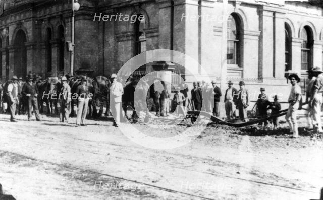 Workers ploughing Queen Street and Creek Street corner, Brisbane, Queensland, c1889. Creator: Unknown.