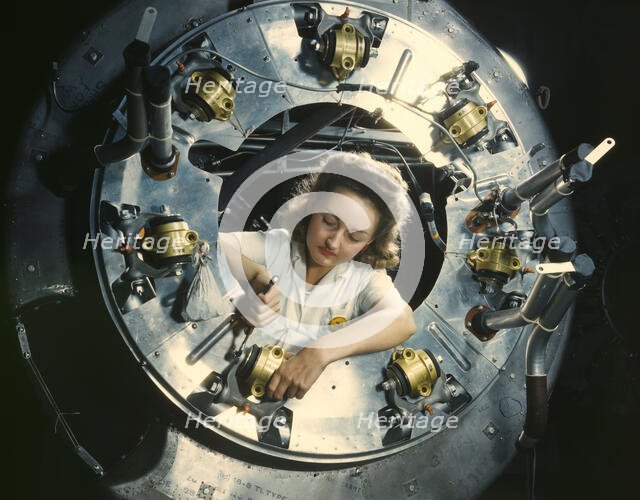 Part of the cowling for one of the motors...North American Aviation, Inc., Inglewood, Calif., 1942. Creator: Alfred T Palmer.