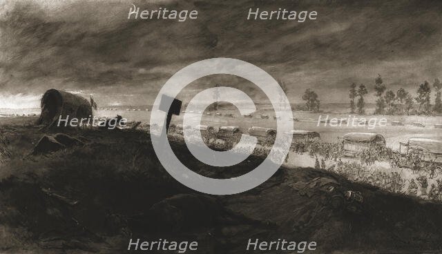 'Dans la Bataille; les transports de troupes sur la ligne de feu: debarquement d'un regiment...1918. Creator: Georges Bertin Scott.