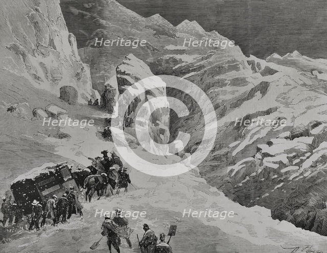 Driving the mail wagon pulled by horses during a snowstorm, Puerto de Pajares, Spain, 1878.  Creator: Bernardo Rico.