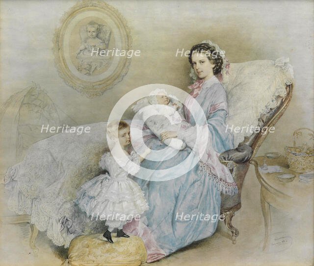 Empress Elisabeth and her children, Gisela and Rudolf, 1858. Creator: Kriehuber; Josef (1800-1876).