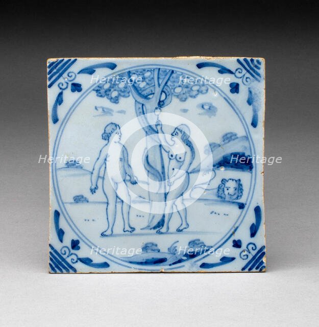 Tile with Adam and Eve, Lambeth, c. 1700. Creator: Unknown.