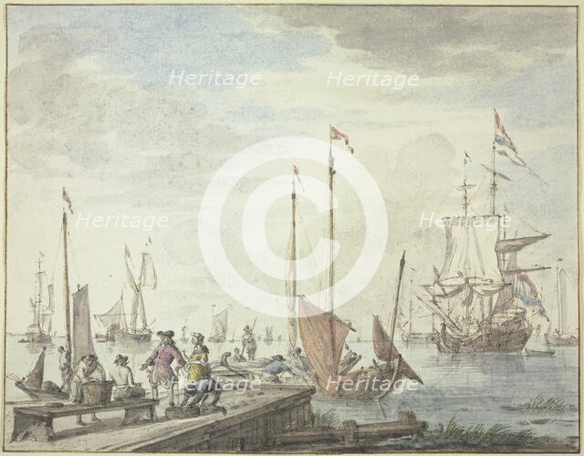 Boats lie by a wooden causeway, a merchant and his wife are having goods loaded. Creator: Abraham Storck.