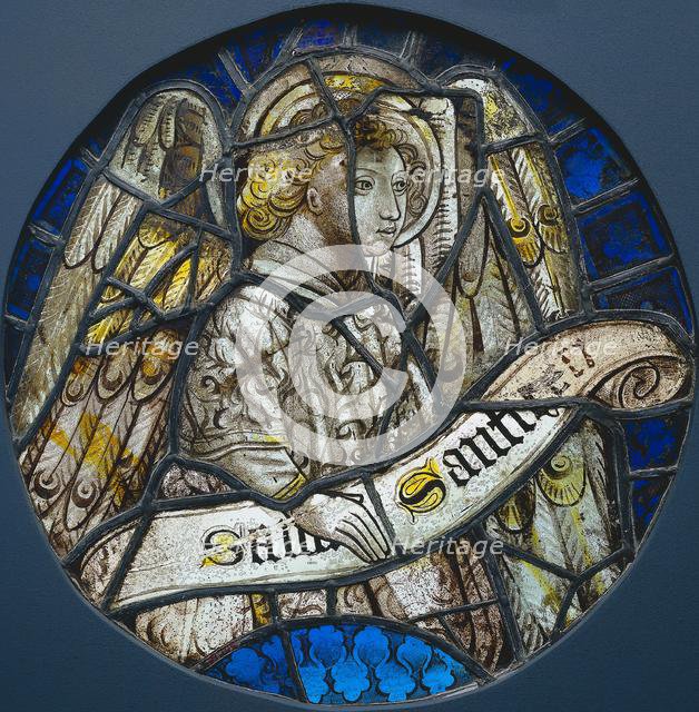Stained Glass Roundel with an Angel Holding a Scroll, c. 1425-1450. Creator: Unknown.