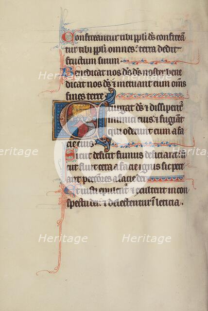 Initial E: Two Kings Lifting the Ark of the Covenant; Bute Psalter, text and illumination about 1285 Creator: Bute Master.