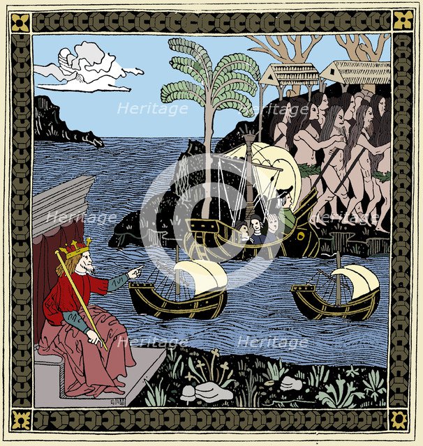 Christopher Columbus 'Discovering America', woodcut, 1493. Artist: Unknown.