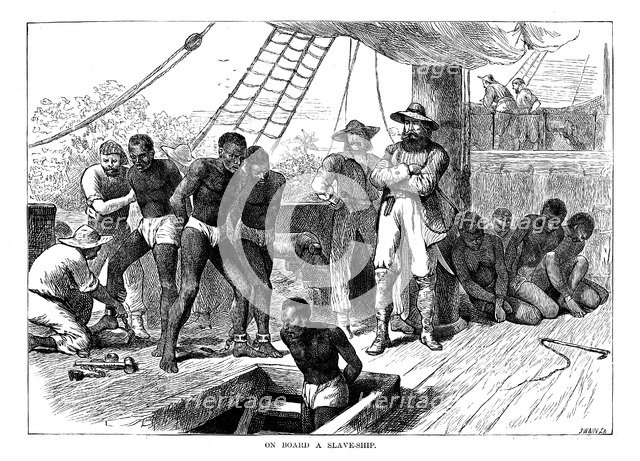 Captives being brought on board a slave ship on the West Coast of Africa (Slave Coast), c1880. Artist: Unknown