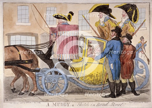 Ladies inside a muddy, Bond Street, London, 1800. Artist: Anon