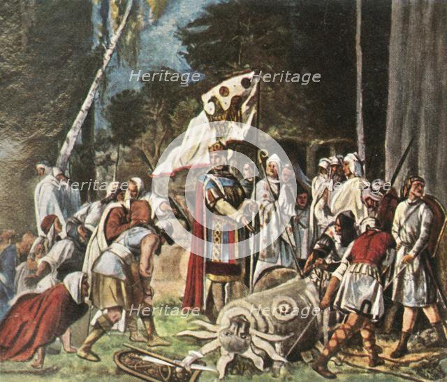 Charlemagne destroys a pagan idol, (1936).  Creator: Unknown.