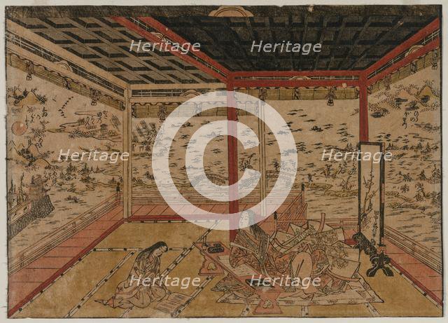 Lady Murasaki at Ishiyama Overlooking a Panorama with Seven Views of Lake Biwa, 1740s. Creator: Okumura Masanobu (Japanese, 1686-1764).