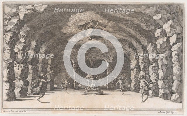 Cavern of Aeolus; a cave with wind gods blowing on either side of Aeolus who sits enthrone..., 1668. Creator: Mathäus Küsel.