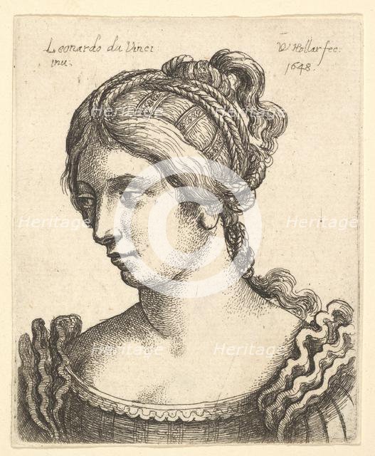 Bust of a woman looking downwards towards left with elaborately decorated hair, 1648. Creator: Wenceslaus Hollar.
