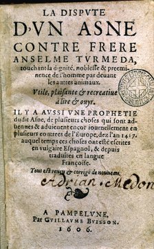 Cover of 'La Dispute d'un Asne contre frere Anselme Turmeda', printed edition in Pamplona (Navarr…