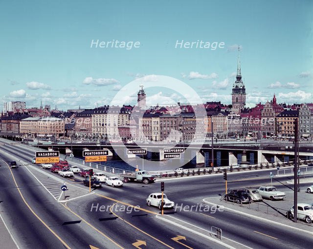 Left traffic over Vasabron, Sweden; with view towards Kornhamnstorg, Stockholm, 1960s.
 Creator: Unknown.