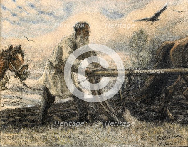 Lev Tolstoy at the Plough, 1903. Artist: Pasternak, Leonid Osipovich (1862-1945)