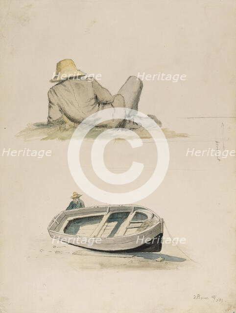 A man resting his back on the grass; A man and a beached boat, 1883. Creator: Oscar Kleineh.
