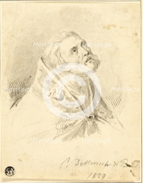 Bust of Bishop Saint, with Slight Figure Sketches, 1829. Creators: Carlo Dellarocca, Paul Delaroche.