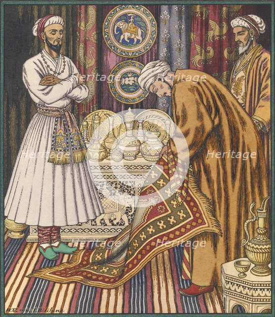 Prince Ali buying a carpet. Illustration for Arabian Fairy Tales. Artist: Bilibin, Ivan Yakovlevich (1876-1942)