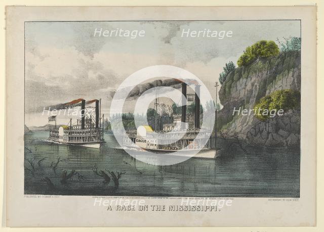 A Race on the Mississippi, 1870., 1870. Creators: Nathaniel Currier, James Merritt Ives, Currier and Ives.