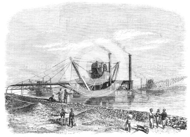 The Isthmus of Suez Maritime Canal: dredges and elevators at work, 1869. Creator: Unknown.