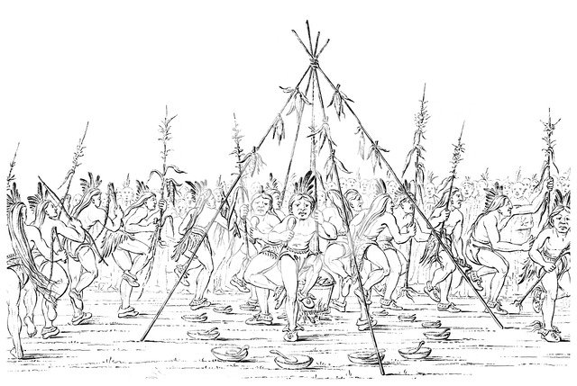 Medicine men dance around a cooking pot giving thanks to the Great Spirit, 1841.Artist: Myers and Co