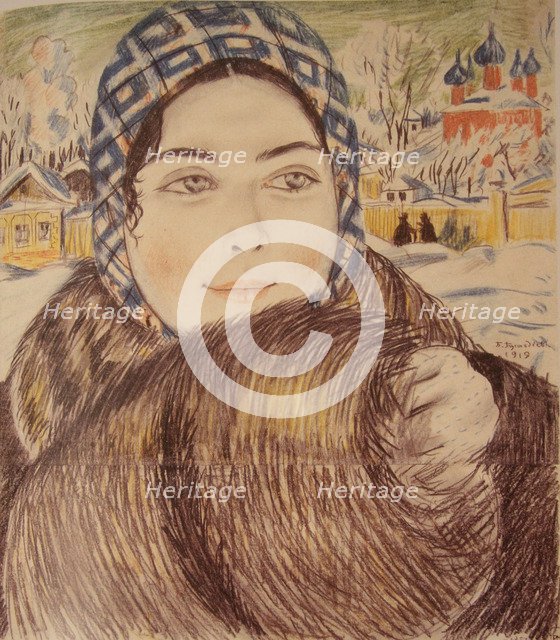 A young merchant's wife in the a checkered scarf, 1919. Artist: Kustodiev, Boris Michaylovich (1878-1927)