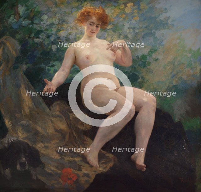 In summer, Woman with dog, 1909. Creator: Alfred Philippe Roll.