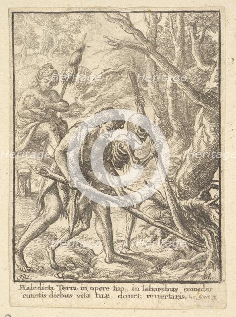 Adam Ploughing from the Dance of Death, 1651. Creator: Wenceslaus Hollar.