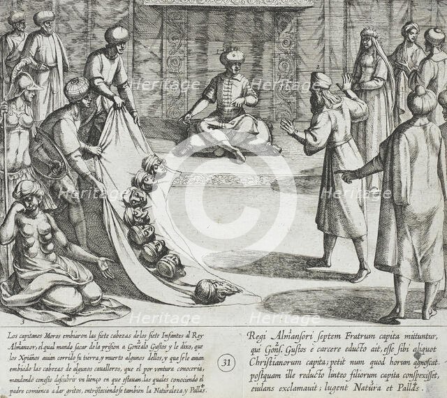 In the Presence of Almanzor, Gonzalo Gustos Identifies the Severed Heads of His Sons, 1612. Creator: Antonio Tempesta.