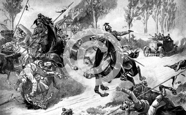 Armoured Belgian troops under attack by Uhlans, First World War, 1914. Artist: Unknown