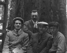 Sterling, George and Herman Scheffauer, with two other men, in front of a redwood, c1906-1911. Creator: Arnold Genthe.