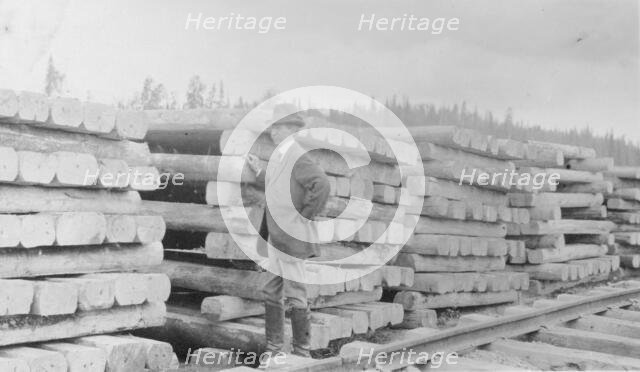 Frank G. Carpenter standing by railroad ties, between c1900 and 1916. Creator: Unknown.