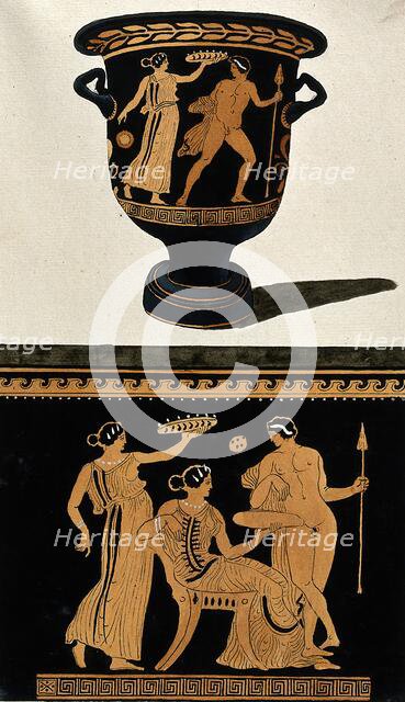 Above, red-figured Greek wine bowl (bell krater); below, detail of decoration showing a..., 1760-9. Creator: Augustin Dahlsteen.