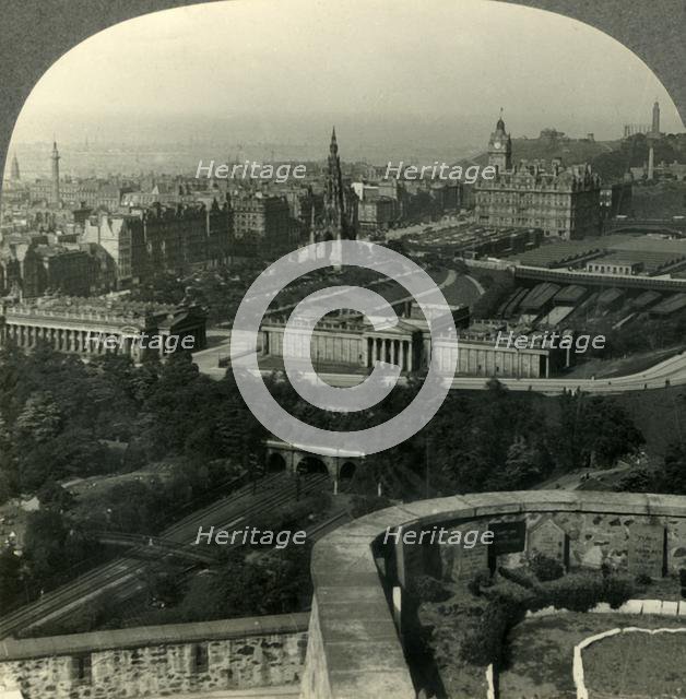 'National Gallery, Scott Monument and Princes Street, from Castle. Edinburgh, Scotland', c1930s. Creator: Unknown.