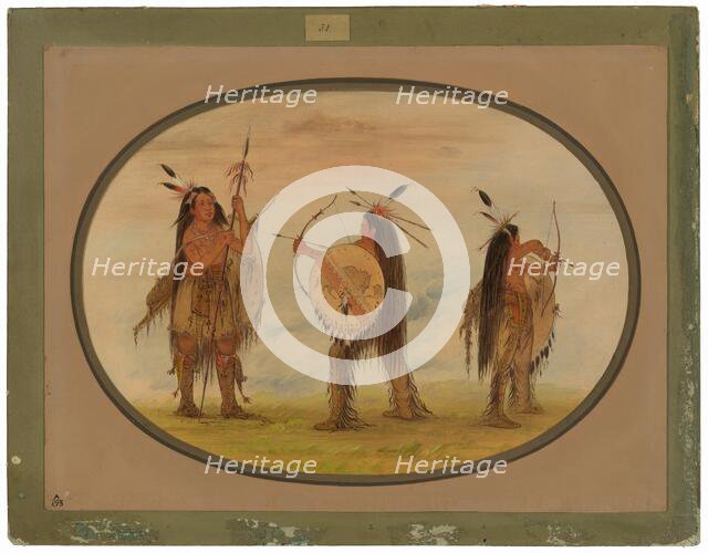Three Mandan Warriors Armed for War, 1861/1869. Creator: George Catlin.