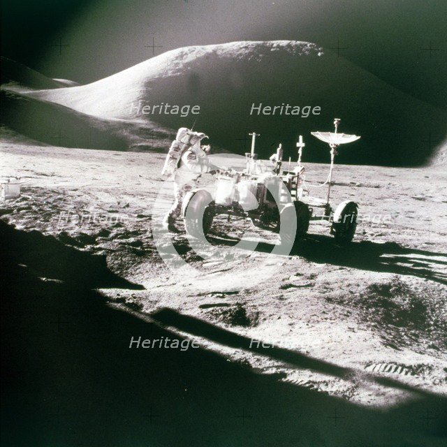 Astronaut with Lunar Roving Vehicle on the Moon, 1970s. Creator: NASA.