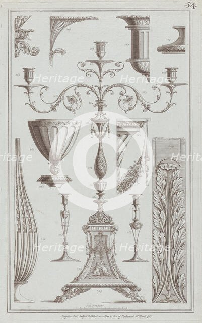 Candelabra, Vessels and Ornament, nos. 358-369 ("Designs for Various Ornaments,"..., March 20, 1785. Creator: Michelangelo Pergolesi.