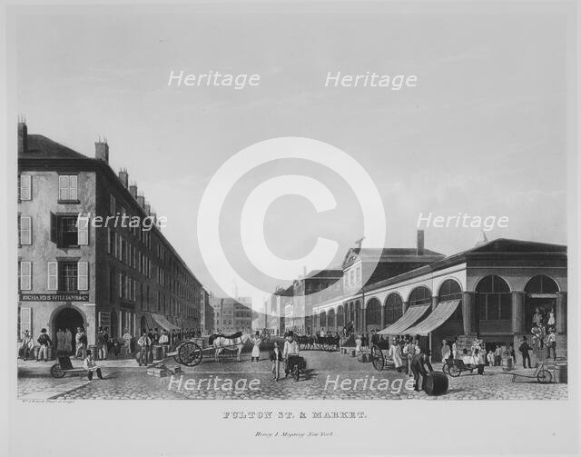 Fulton Street & Market, New York (The Bennett View of Fulton Street), 1834. Creator: William James Bennett.