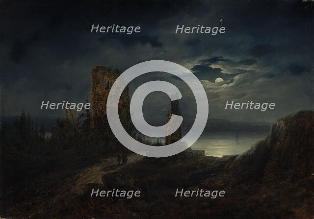 Stegeborg Castle ruins by moonlight, 1851-1853. Creator: Lars Theodor Billing.