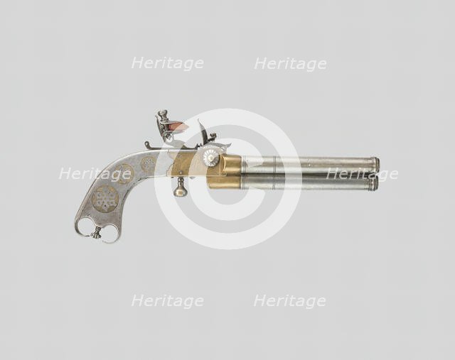 Triple-Barrel Breechloading Flintlock Pistol, England, c. 1820. Creator: Unknown.