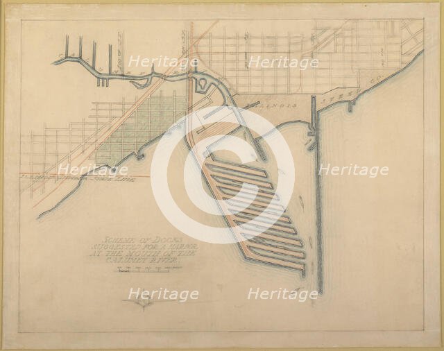 Plate 72 from The Plan of Chicago, 1909: Chicago. Sketch Diagram of Docks Suggested at the Mouth... Creator: Daniel Burnham.