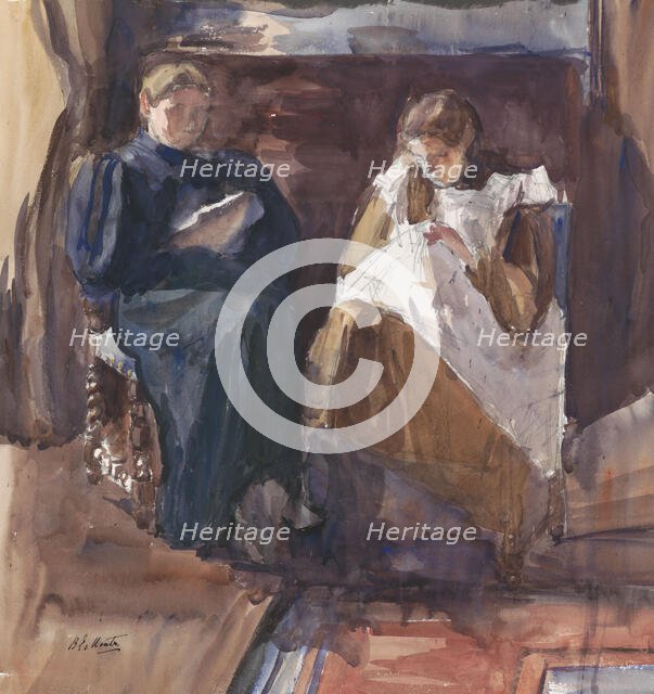 Reading lady and embroidering girl, seen from the front, in the house at Riouwstraat 6..., 1872-1950 Creator: Barbara Elisabeth van Houten.