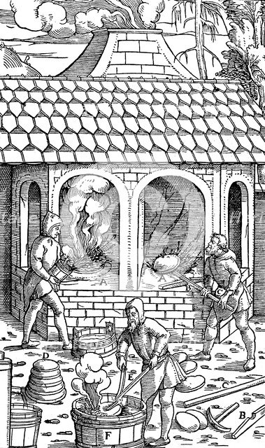 Refining copper: removing cakes of copper from the crucible and quenching in a tub of water, 1556. Artist: Unknown