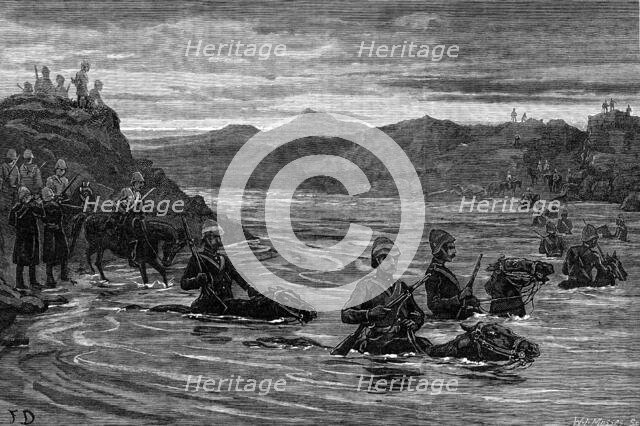 General Sir Evelyn Wood reconnoitring with the 15th Hussars across the Buffalo River, 1881. Creator: W. I. Mosses.