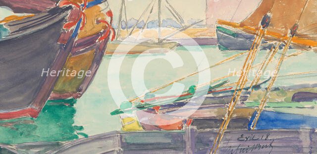 Ships in a channel, 1918. Creator: Maurice Guilbert.