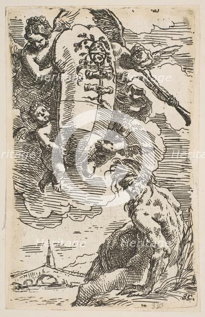 Allegory of the Foglia River with the city of Pesaro's coat of arms, frontispiece for ..., ca. 1639. Creator: Simone Cantarini.