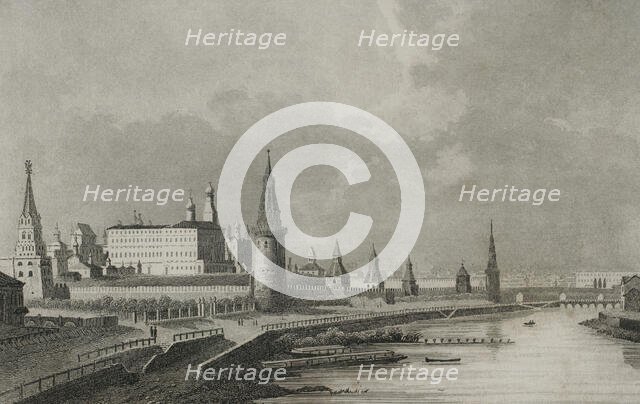 View of the Kremlin from the Stone Bridge, Moscow, Russia, 1839. Creator: Samuel Cholet.
